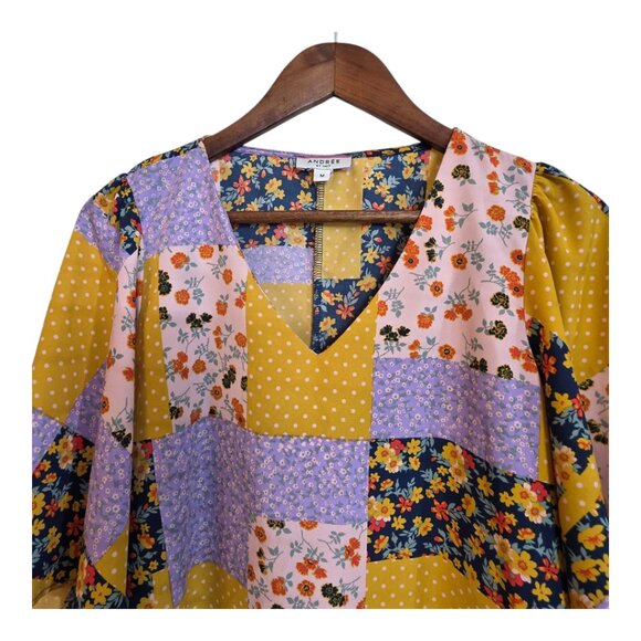 Andree By Unit Womens Multi Print Traditional Top V Neck Multicolor Medium - Picture 4 of 14